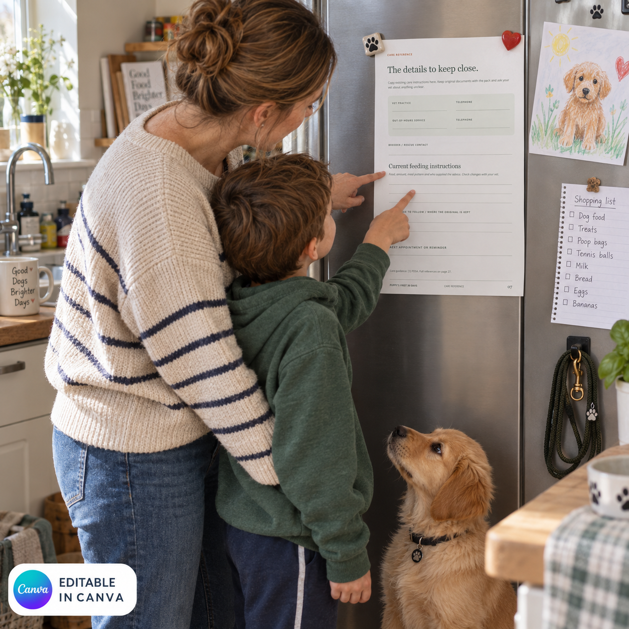 A family using a printed puppy care reference on their fridge