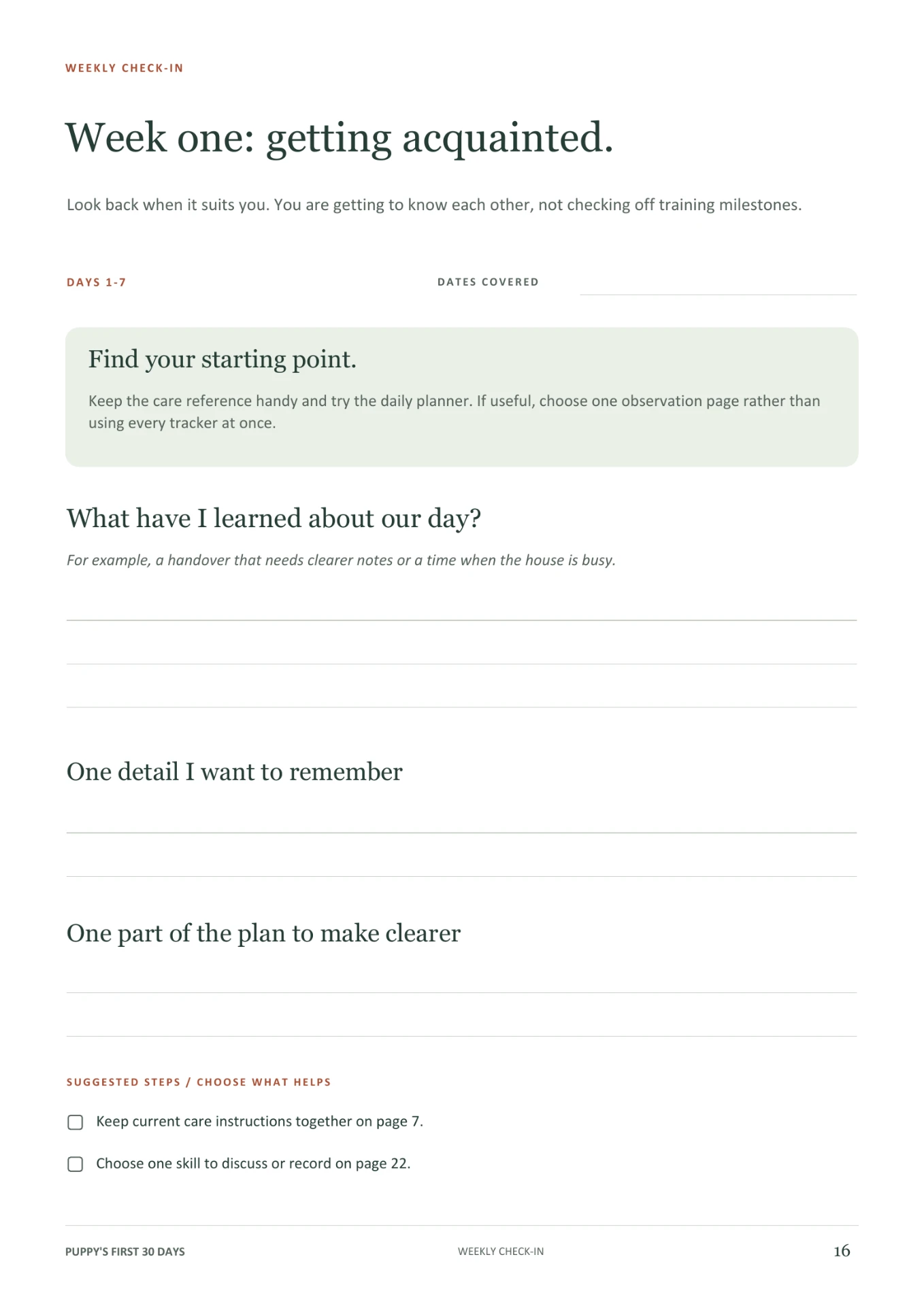Week one weekly check-in page with reflection prompts and suggested steps