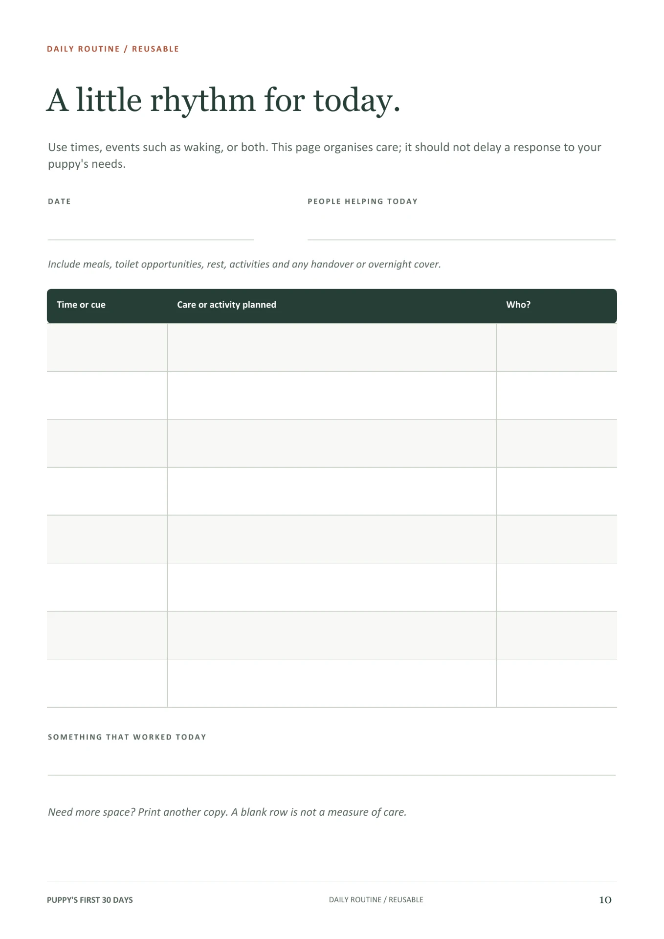 Daily routine reusable planner page with a table for time, care activity and who is helping