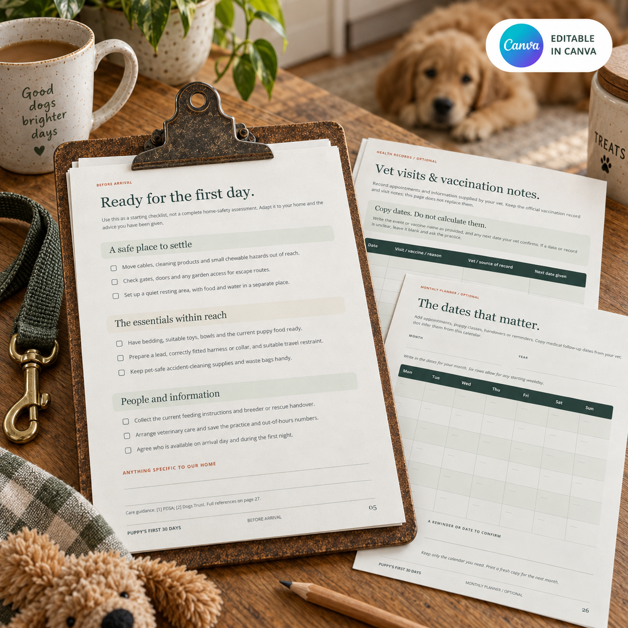 Puppy's First 30 Days printable planning pages on a clipboard, also editable in Canva