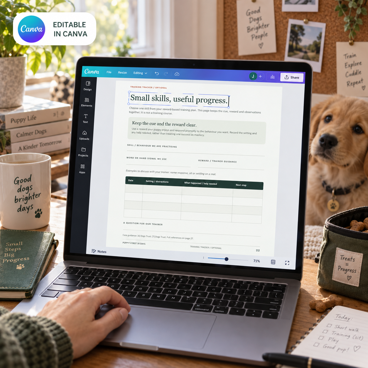 Puppy training tracker being personalised in Canva on a laptop